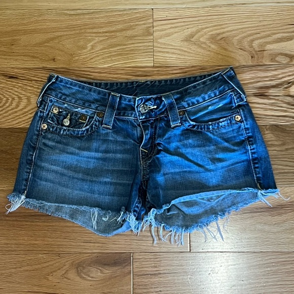 True Religion Indigo Blue Denim Cutoff Shorts with Flap Back Pockets - Picture 2 of 4